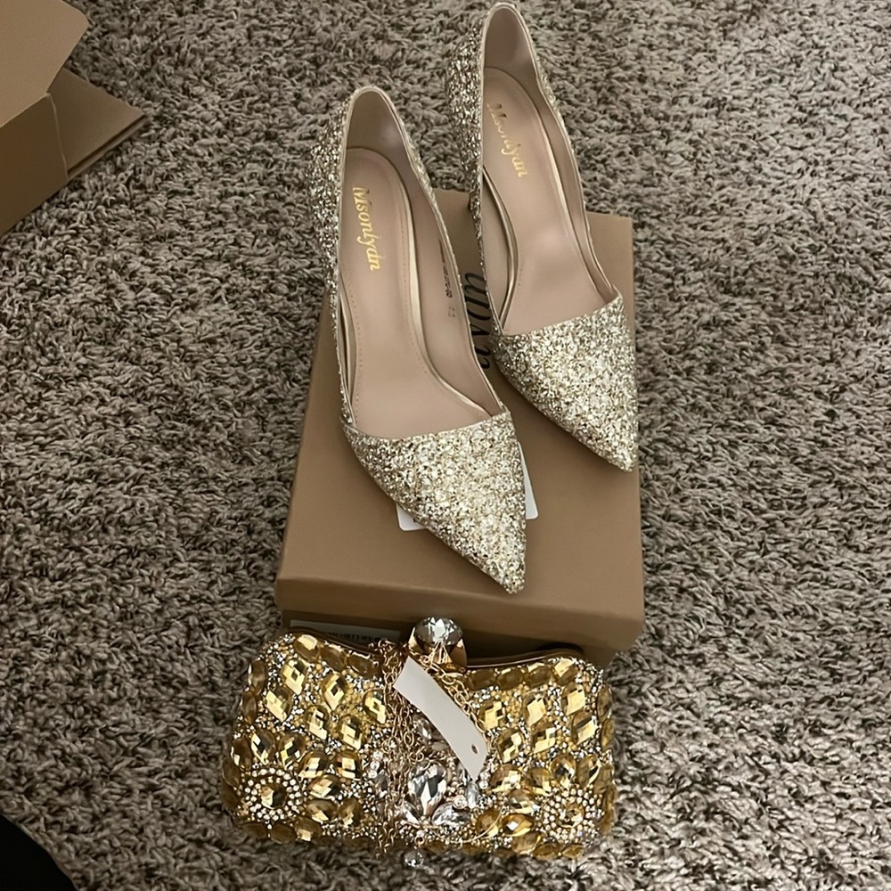 Gold sparkling shoes and purse